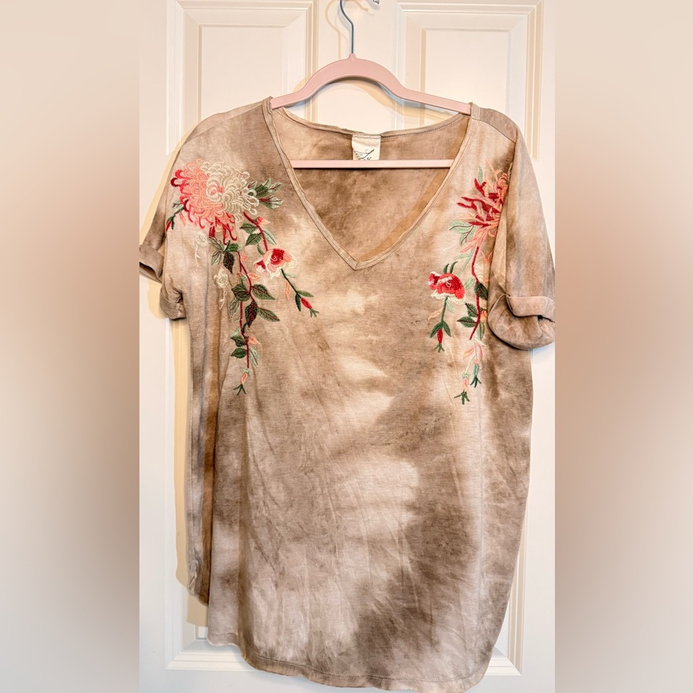 Designs by Lu Embroidered V-Neck Tee - Tan
